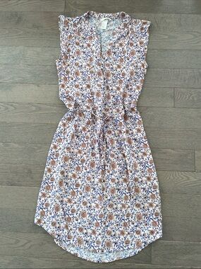 H&M Cream Blue Floral Sleeveless Dress Rounded Hem Midi Size 6